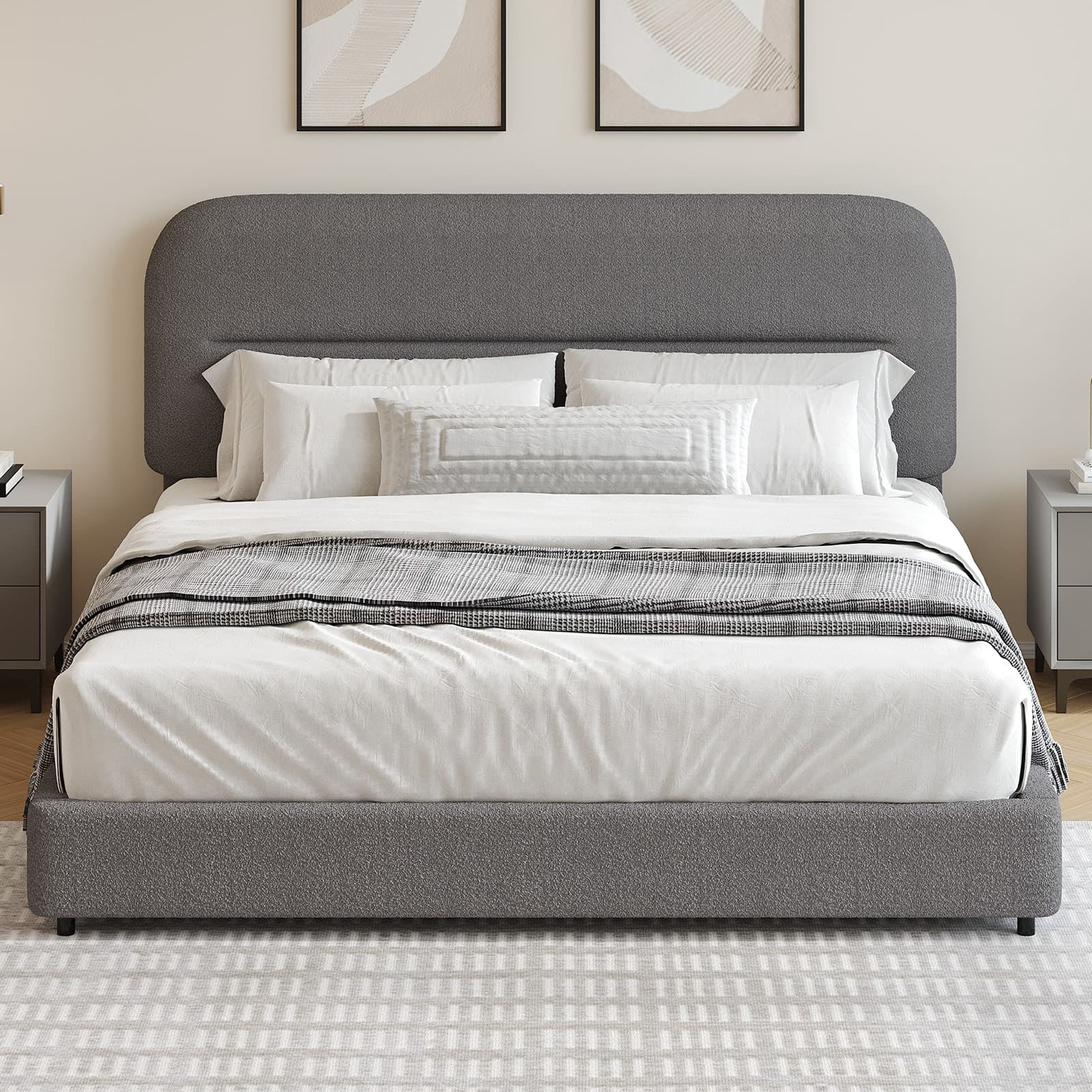 4 EVER WINNER Full Size Boucle Bed Frame with Headboard, Upholstered Platform Bed with Wood Slats, Soft Rounded Corners, No Box Spring Required, Non-Slip and Noise-Free, Easy Assembly, Grey
