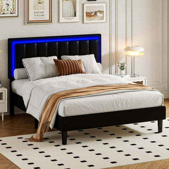 4 EVER WINNER Full Size LED Bed Frame, Black Full Bed Frame with LED Light Headboard, Black