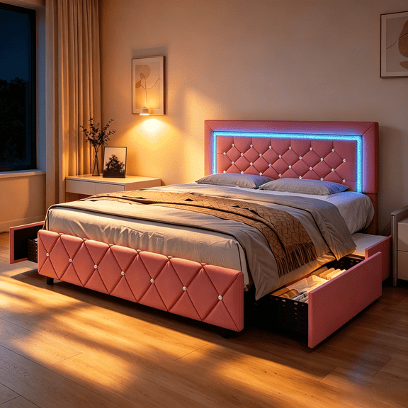 4 Ever Winner Full Size Pink LED Bed Frame with 4 Storage Drawers, Diamond Tufted Upholstered Headboard