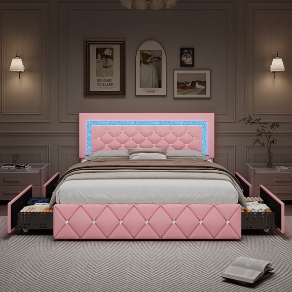 4 Ever Winner Full Size Pink LED Bed Frame with 4 Storage Drawers, Diamond Tufted Upholstered Headboard