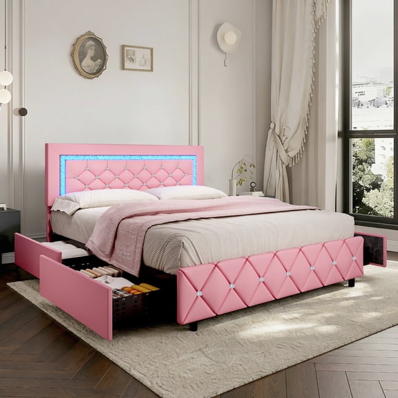 4 Ever Winner Full Size Pink LED Bed Frame with Storage Drawers, Diamond Tufted Upholstered Headboard