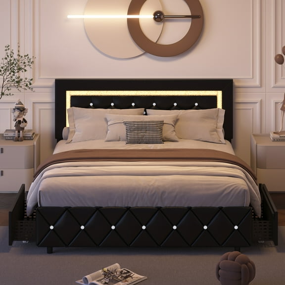 4 EVER WINNER Full Size LED Bed Frame, Upholstered Platform Bed with 4 Storage Drawers, Black Full Bed Frame, Adjustable LED Lights Headboard, Black
