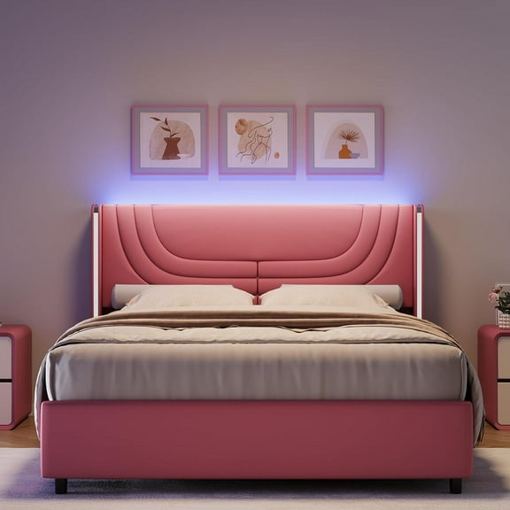 4 EVER WINNER Full Size LED Bed Frame, Upholstered Platform Bed with LED Light Headboard, Pink Full Bed Frame, Pink