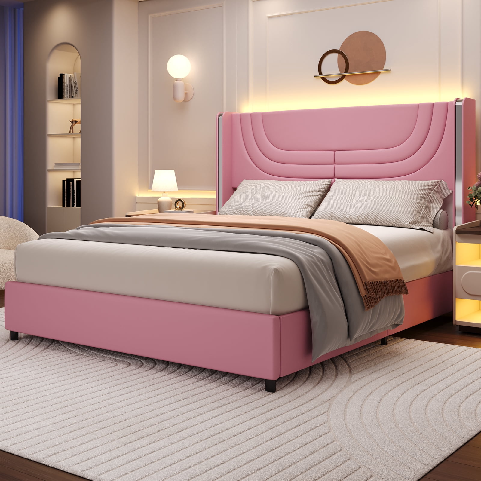 4 EVER WINNER Full Size LED Bed Frame, Upholstered Platform Bed with ...