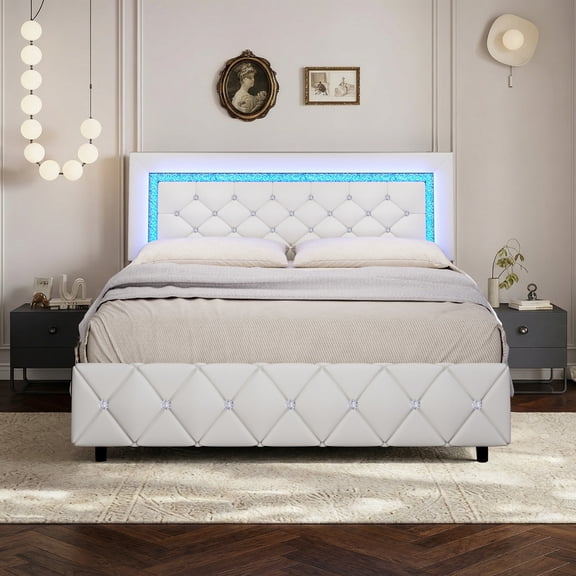 4 EVER WINNER Full Size LED Bed Frame with 4 Drawers, White Full Bed Frame with LED Light Headboard, Modern Upholstered Bed with Diamond Headboard and Footboard, White