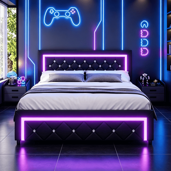 4 Ever Winner Full Size Upholstered Platform Bed Frame, Diamond Tufted Headboard and Footboard, Built-in LED Lights, No Box Spring Needed, Black