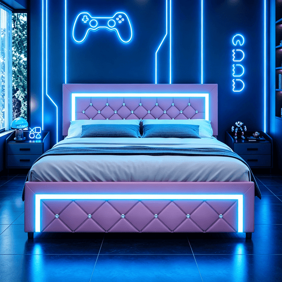 4 Ever Winner Full Size Upholstered Platform Bed Frame, Diamond Tufted Headboard and Footboard, Built-in LED Lights, No Box Spring Needed, Pink