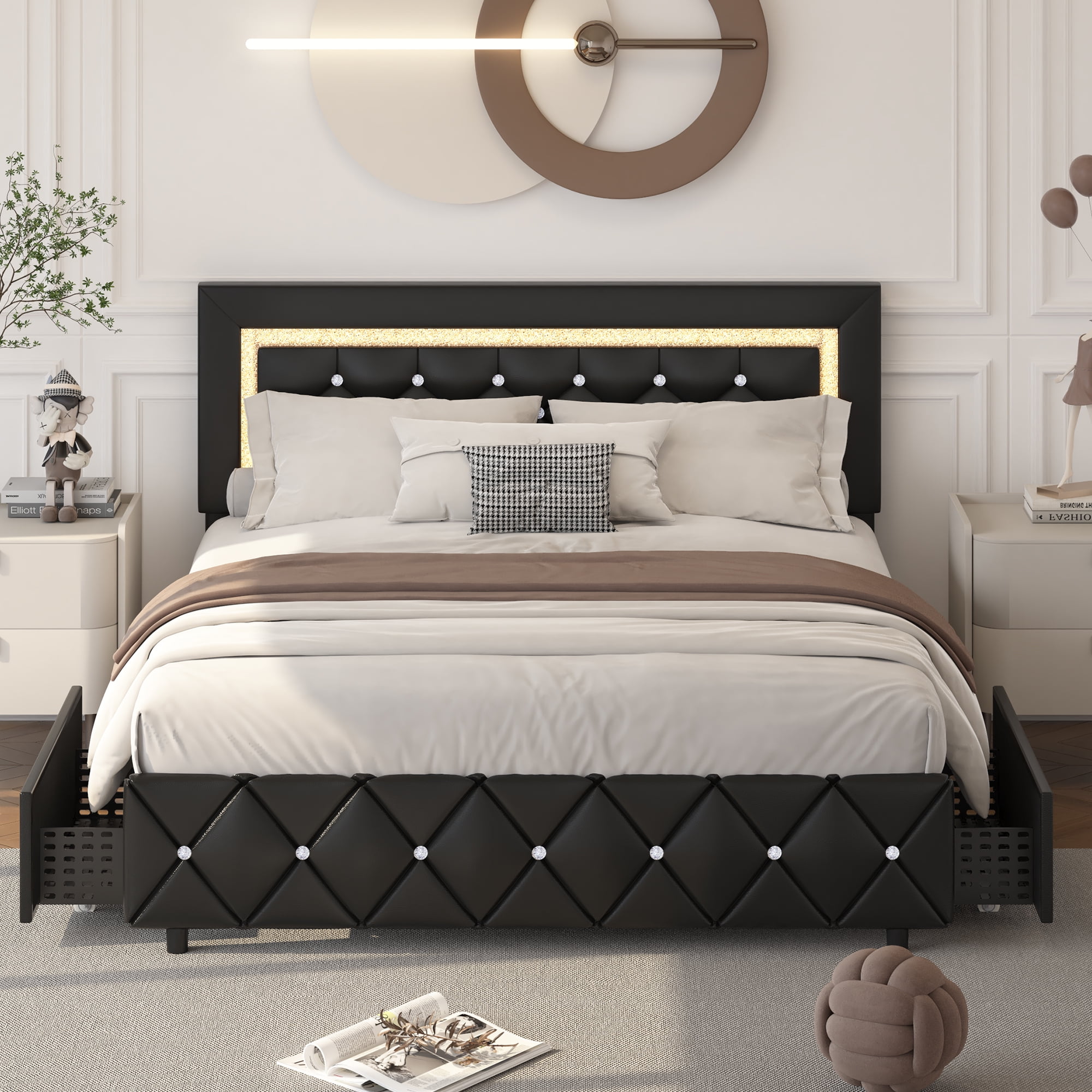 4 EVER WINNER Full Size LED Bed Frame with Storage, Upholstered Platform Bed with 4 Drawers, Adjustable LED Lights Headboard, Black
