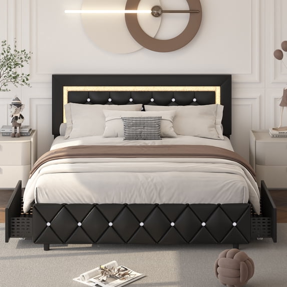 4 EVER WINNER Full Size LED Bed Frame with Storage, Upholstered Platform Bed with 4 Drawers, Adjustable LED Lights Headboard, Black