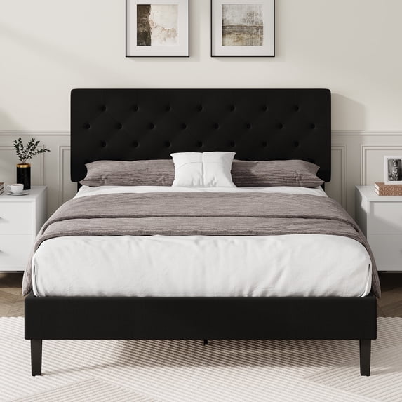 4 EVER WINNER Full Size Upholstered Platform Bed Frame with Headboard, Black