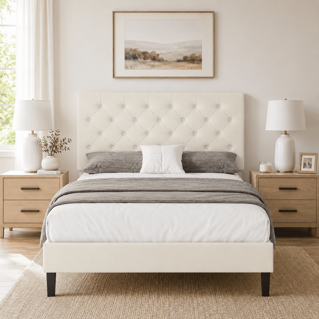 4 Ever Winner Full Size Upholstered Platform Bed Frame with Headboard, Cream