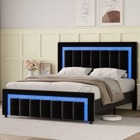 4 EVER WINNER Full Size Velvet Bed Frame, Striped & Diamond Accented Headboard & Footboard with Smart LED Lights, Noise-Free Stable Structure, No Box Spring Required,Black