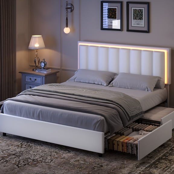 4 EVER WINNER Full Size Velvet Upholstered Bed Frame with 4 Storage Drawers, RGB LED Lights, No Box Spring Needed, Sturdy Metal & Wood Slat Support, Easy Assembly,White