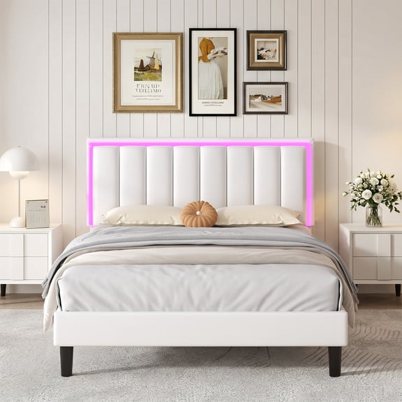 4 EVER WINNER Full Size White Bed Frame with LED Lights, Premium PU Upholstered Headboard, Heavy-Duty Steel Slat Support, Noise-Free, No Box Spring Needed