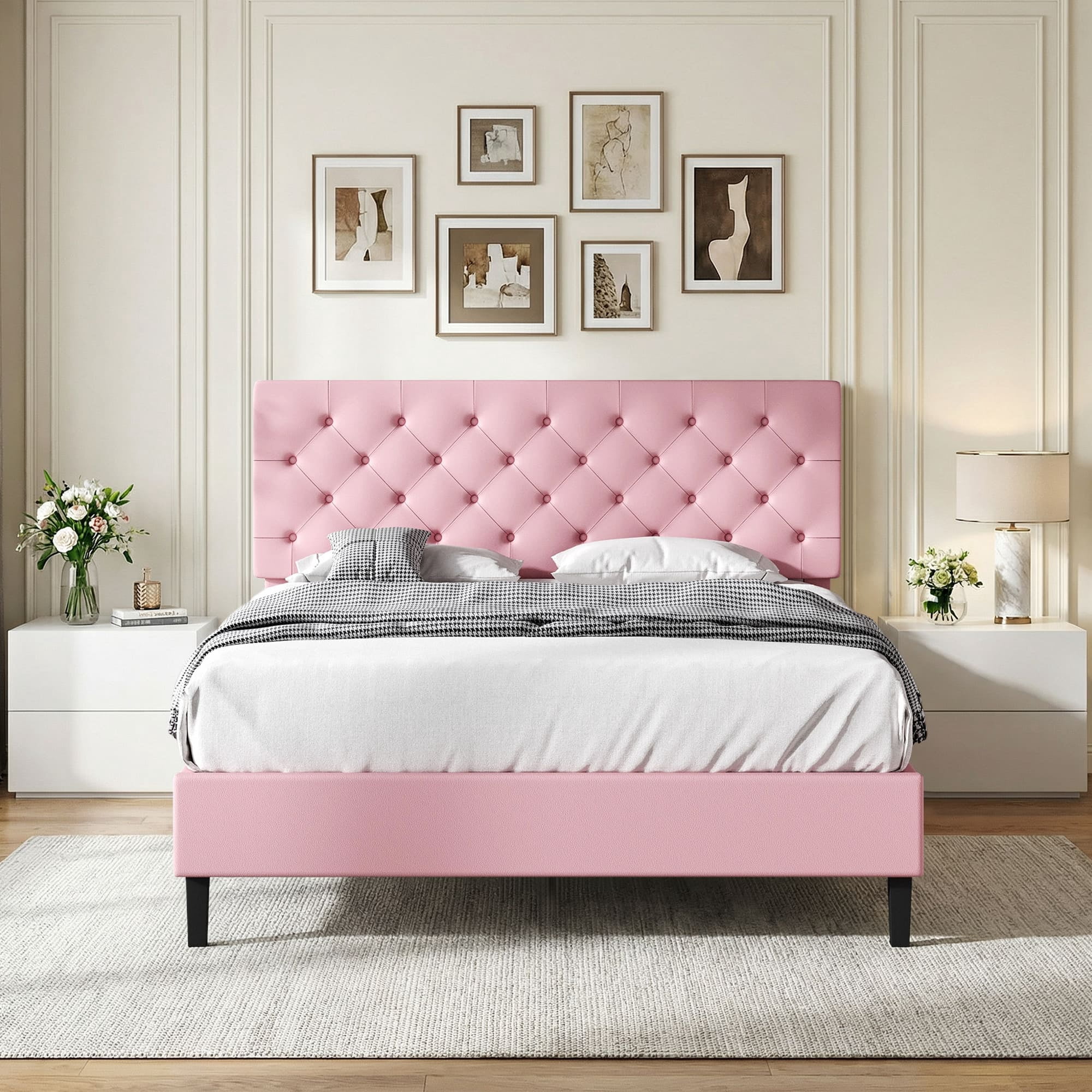 4 EVER WINNER Full Upholstered Bed Frame with Adjustable Headboard, Button Tufted Linen Bed Base, Platform Bed with Wood Slat, Heavy Duty, Easy Assembly, No Box Spring Needed, Pink