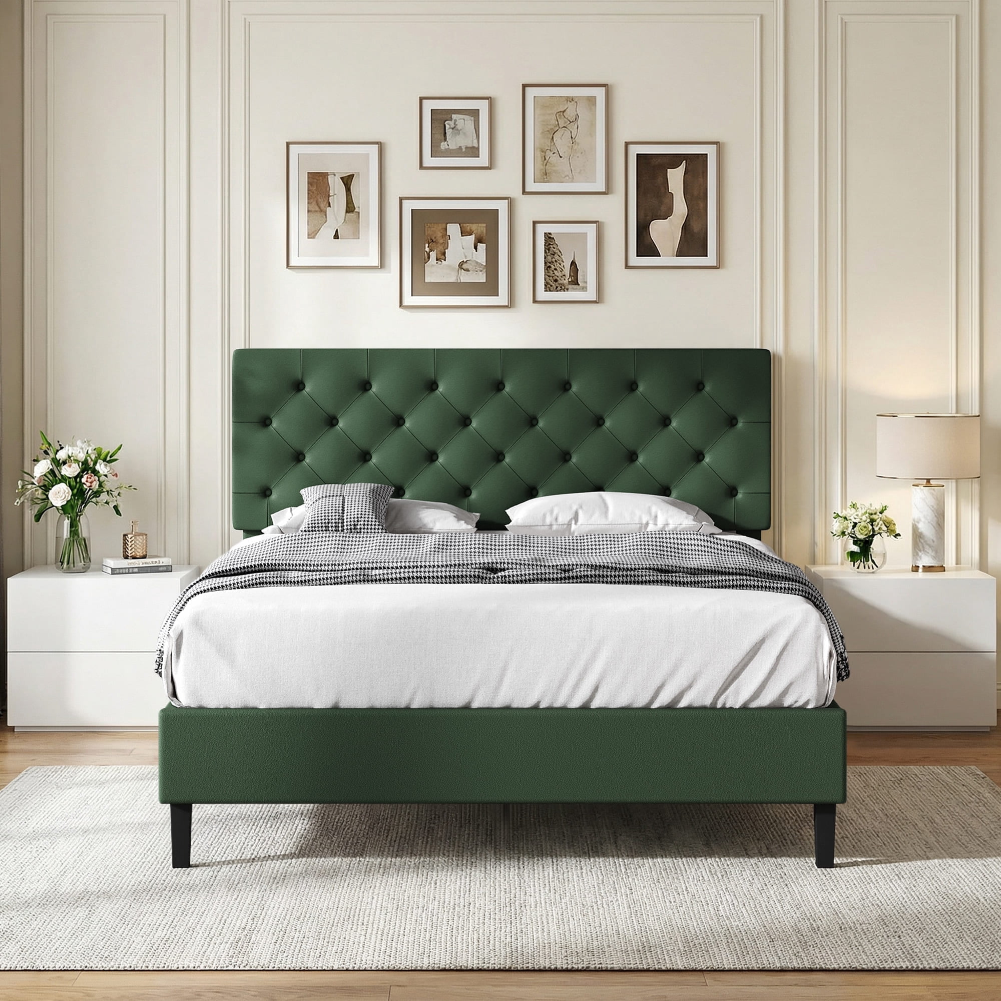 4 EVER WINNER Full Upholstered Bed Frame with Headboard, Button Tufted Linen Bed Base, Platform Bed with Wood Slat, Heavy Duty, Easy Assembly, No Box Spring Needed, Green