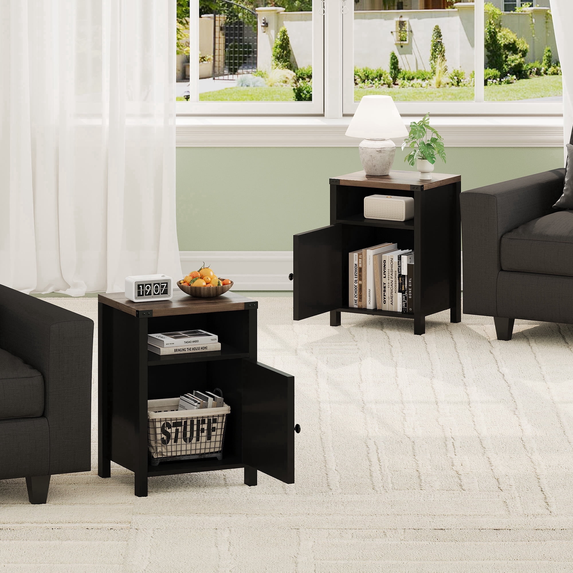 4 EVER WINNER Industrial 2-Pack Barn Door Side Tables, Black Storage End Tables, Versatile Bedside Nightstands for Bedroom & Living Room