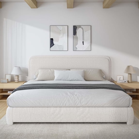 4 Ever King Bed Frame, Upholstered Platform with Unique Headboard, Cream