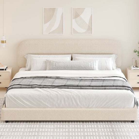 4 EVER WINNER King Bed Frame with Headboard, Boucle Upholstered Platform Bed Frame, Luxurious Soft Rounded Corners, No Box Spring Required, Non-Slip and Noise-Free, Easy Assembly, Beige