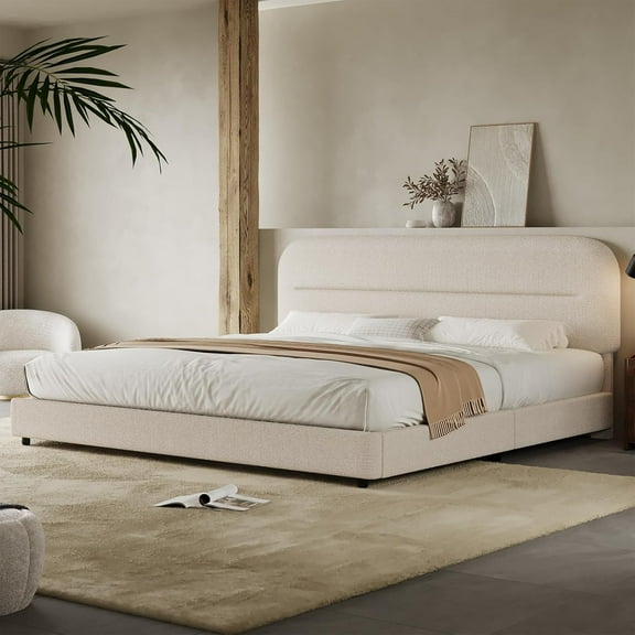 4 EVER WINNER King Bed Frame with Headboard, Boucle Upholstered Platform Bed Frame wiith Rounded Corner, Soft Cloud Bed Frame, No Box Spring Needed, Cream