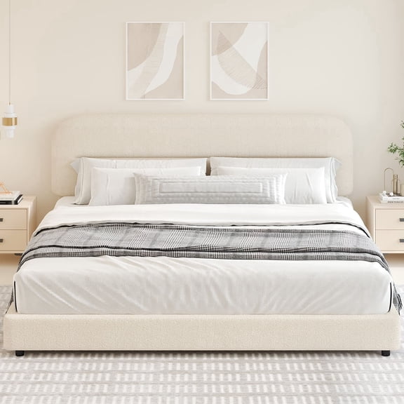4 Ever Winner King Bed Frame with Headboard, Cloud Boucle Upholstered Platform Bed with Wood Slats, Soft Rounded Corners, No Box Spring Required, Non-Slip and Noise-Free, Easy Assembly, Cream