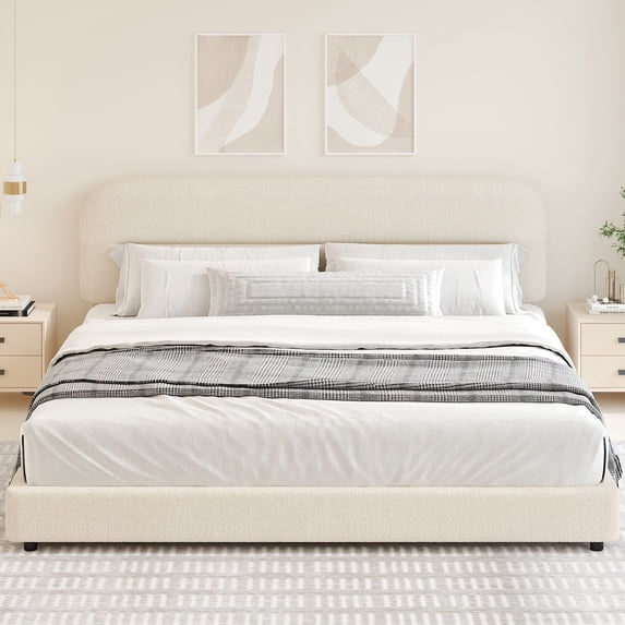 4 EVER WINNER King Bed Frame with Headboard, Cloud Boucle Upholstered Platform Bed with Wood Slats, Soft Rounded Corners, No Box Spring Required, Non-Slip and Noise-Free, Easy Assembly, Cream