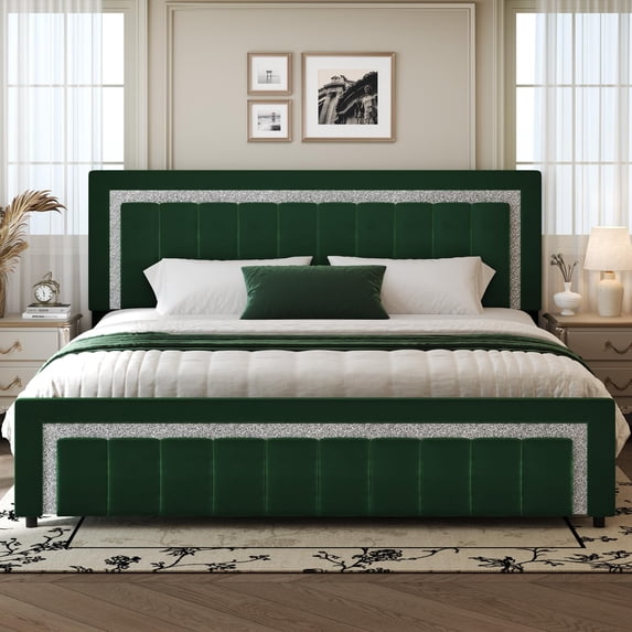 4 EVER WINNER King Bed Frame with Headboard, Velvet Upholstered Platform Bed Frame King Size with Diamond Headboard & Footboard, Wooden Slats Support, No Box Spring Required, Easy Assembly, Green
