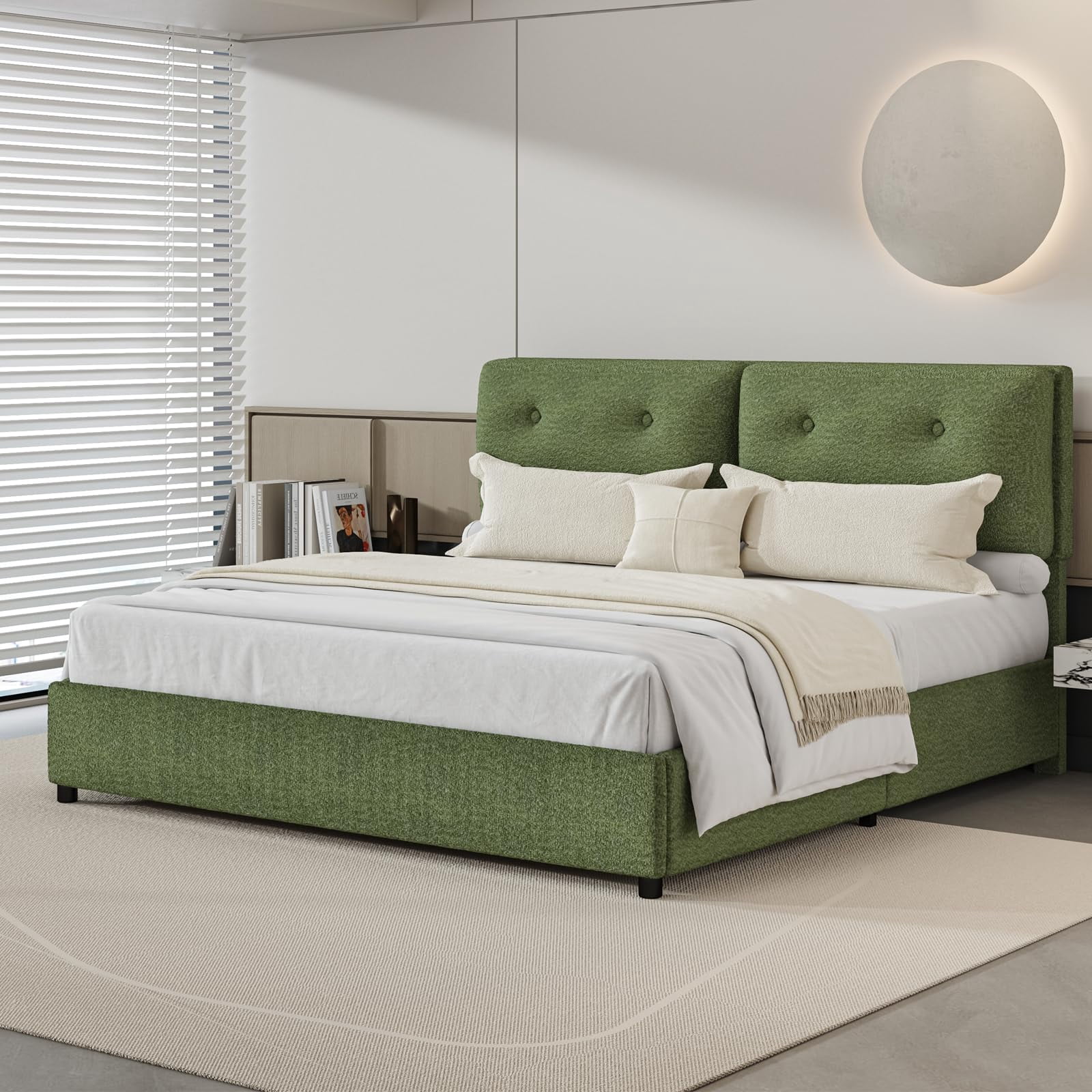 4 EVER WINNER King Bed Frame, King Size Bed Frame with Headboard, Boucle Bed Frame with Removable Pillow Upholstery, No Box Spring Required, Easy Assembly, Green