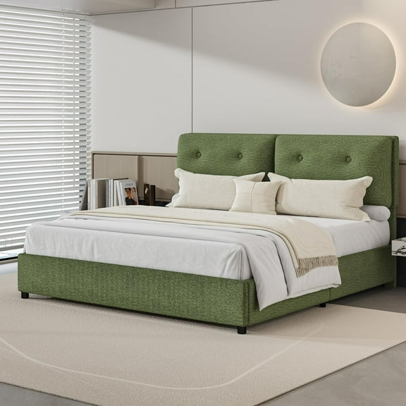4 EVER WINNER King Bed Frame, King Size Bed Frame with Headboard, Boucle Bed Frame with Removable Pillow Upholstery, No Box Spring Required, Easy Assembly, Green