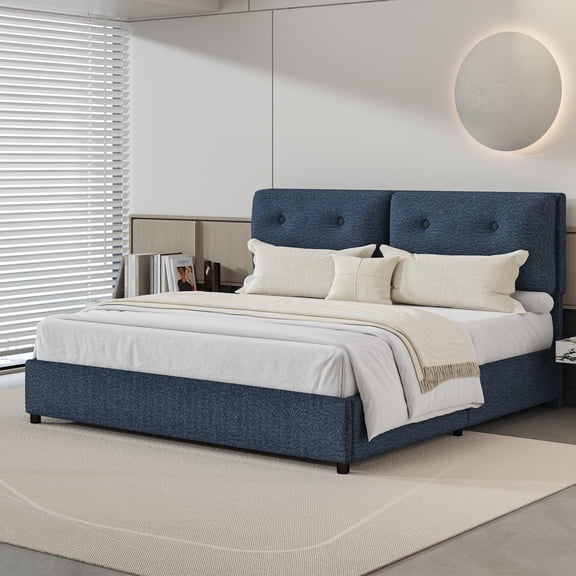 4 EVER WINNER King Bed Frame, King Size Bed Frame with Headboard, Boucle Bed Frame with Removable Pillow Upholstery, No Box Spring Required, Easy Assembly, Navy Blue