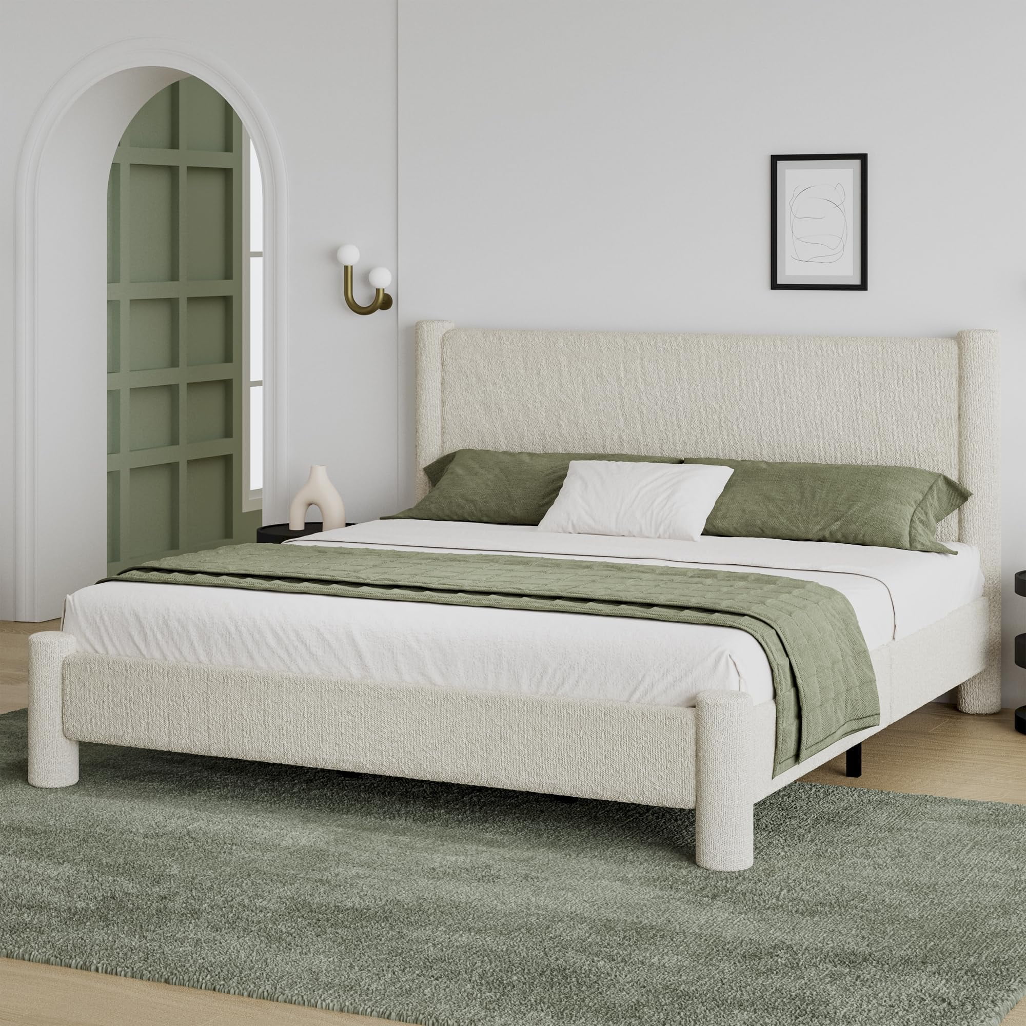 4 EVER WINNER King Bed Frame, King Size Bed Frame, Upholstered King Bed with Rounded Legs, Boucle Bed Frame with Headborad, Beige