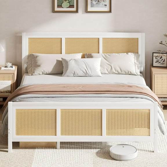 4 EVER WINNER King Bed Frame, Queen Size Bed Frame with Natural Rattan Headboard and Footboard, Rattan Bed Frame for Bedroom, No Box Spring Needed, White