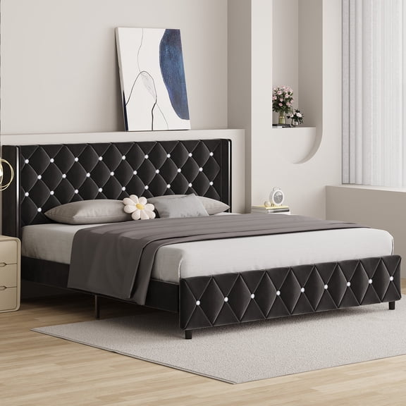 4 EVER WINNER King Bed Frame with Silver-Trimmed Button Tufted Headboard, Velvet Upholstered Platform Bed, No Box Spring Needed, Quiet Mattress Support, Easy Assembly, Black