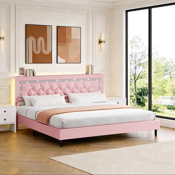 4 EVER WINNER King Bed Frame with Storage Headboard, Faux Leather Bed Frame with Diamond Tufted Headboard and LED Lights,Wooden Slats Support, Noise Free, No Box Spring Needed, Easy Assembly, Pink