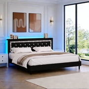 4 EVER WINNER King Bed Frame with Storage Headboard, Faux Leather Bed Frame with Diamond Tufted Headboard and LED Lights,Wooden Slats Support, Noise Free, No Box Spring Needed, Easy Assembly, Black