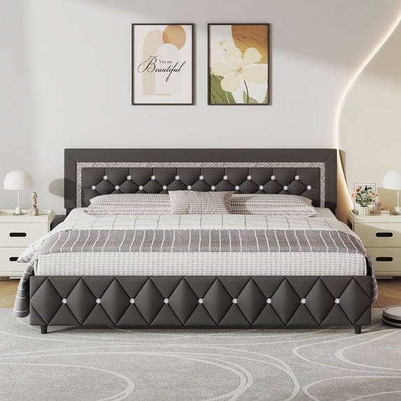 4 EVER WINNER King Bed Frame, Upholstered Platform Bed Frame with Headboard and Footboard, Diamond Headboard and Footboard Design, Gray