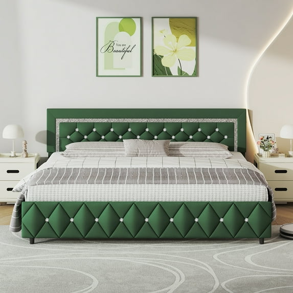 4 EVER WINNER King Bed Frame, Upholstered Platform Bed Frame with Headboard and Footboard, Diamond Headboard and Footboard Design, Green