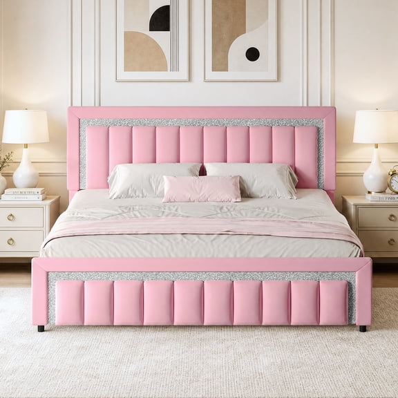 4 Ever Winner  King Bed Frame, Velvet Upholstered Bed Frame with Diamond Headboard and Footboard, Pink King Size Bed Frame, Princess Bed, Pink