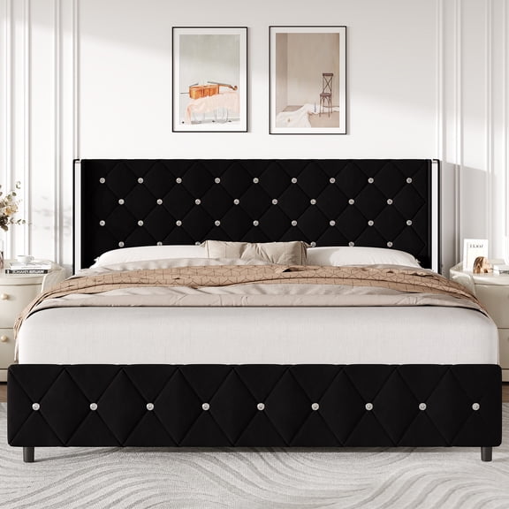 4 EVER WINNER King Bed Frame, Velvet Upholstered Platform Bed Frame with Diamond Tufted Headboard and Wingback, Black