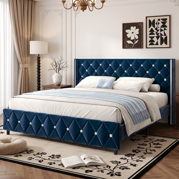 4 Ever Winner King Bed Frame, Velvet Upholstered Platform with Diamond Tufted Wingback Headboard, Easy Assembly, No Box Spring Required, Blue