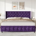thumbnail image 1 of 4 EVER WINNER King Bed Frame, Velvet Upholstered Platform Bed Frame with Diamond Tufted Headboard and Wingback, Purple, 1 of 7