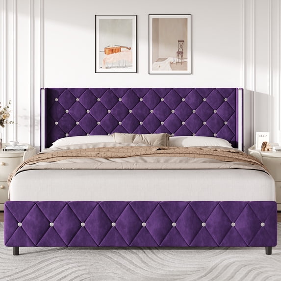 4 EVER WINNER King Bed Frame, Velvet Upholstered Platform Bed Frame with Diamond Tufted Headboard and Wingback, Purple
