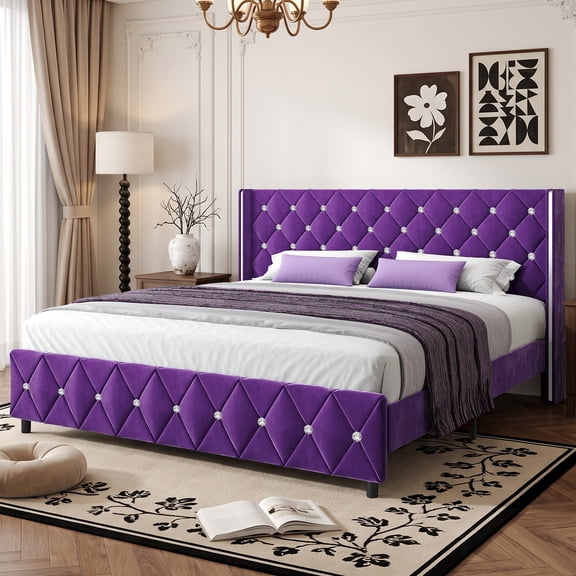 4 Ever Winner King Bed Frame, Velvet Upholstered Platform with Diamond Tufted Wingback Headboard, Easy Assembly, No Box Spring Required, Purple