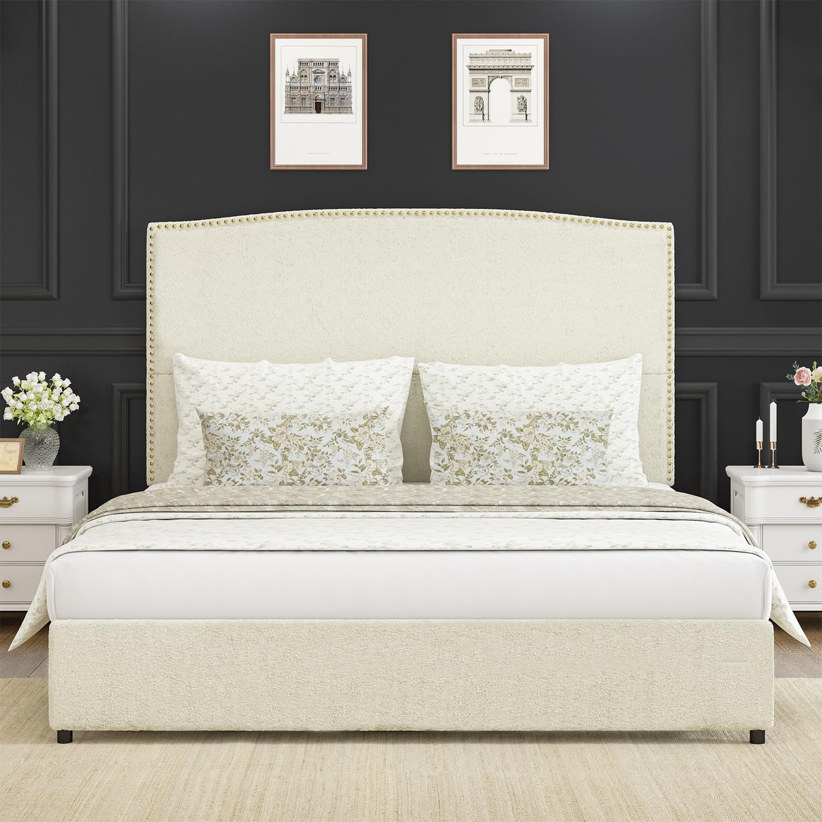 4 EVER WINNER King Bed Frame with 56" Tall Headboard, King Size Bed Frame with Nailhead Trim Headboard, King Upholstered Platform Bed, Beige