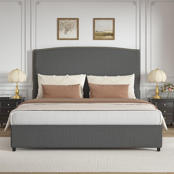 4 EVER WINNER King Bed Frame with 56" Tall Headboard, King Size Bed Frame with Nailhead Trim Headboard, King Upholstered Platform Bed, Grey