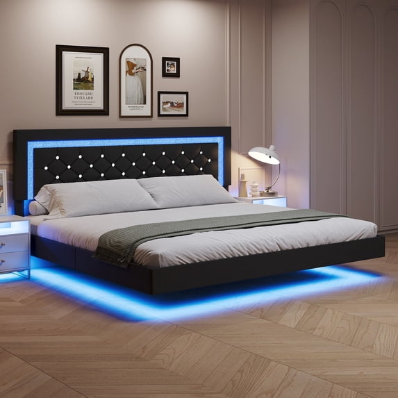 4 EVER WINNER King Size Floating Bed Frame with LED Lights, Upholstered Platform Bed Frame with Diamond Tufted Headboard, Black King Size Bed Frame, Black