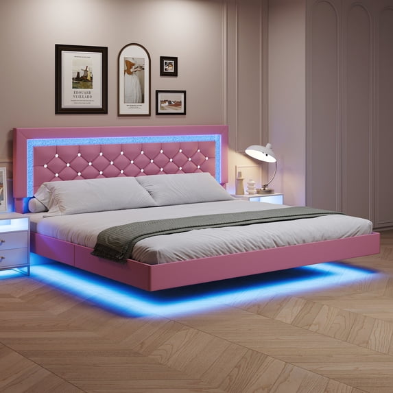 4 EVER WINNER King Size Floating Bed Frame with LED Lights, Upholstered Platform Bed Frame with Diamond Tufted Headboard, Pink King Size Bed Frame, Pink