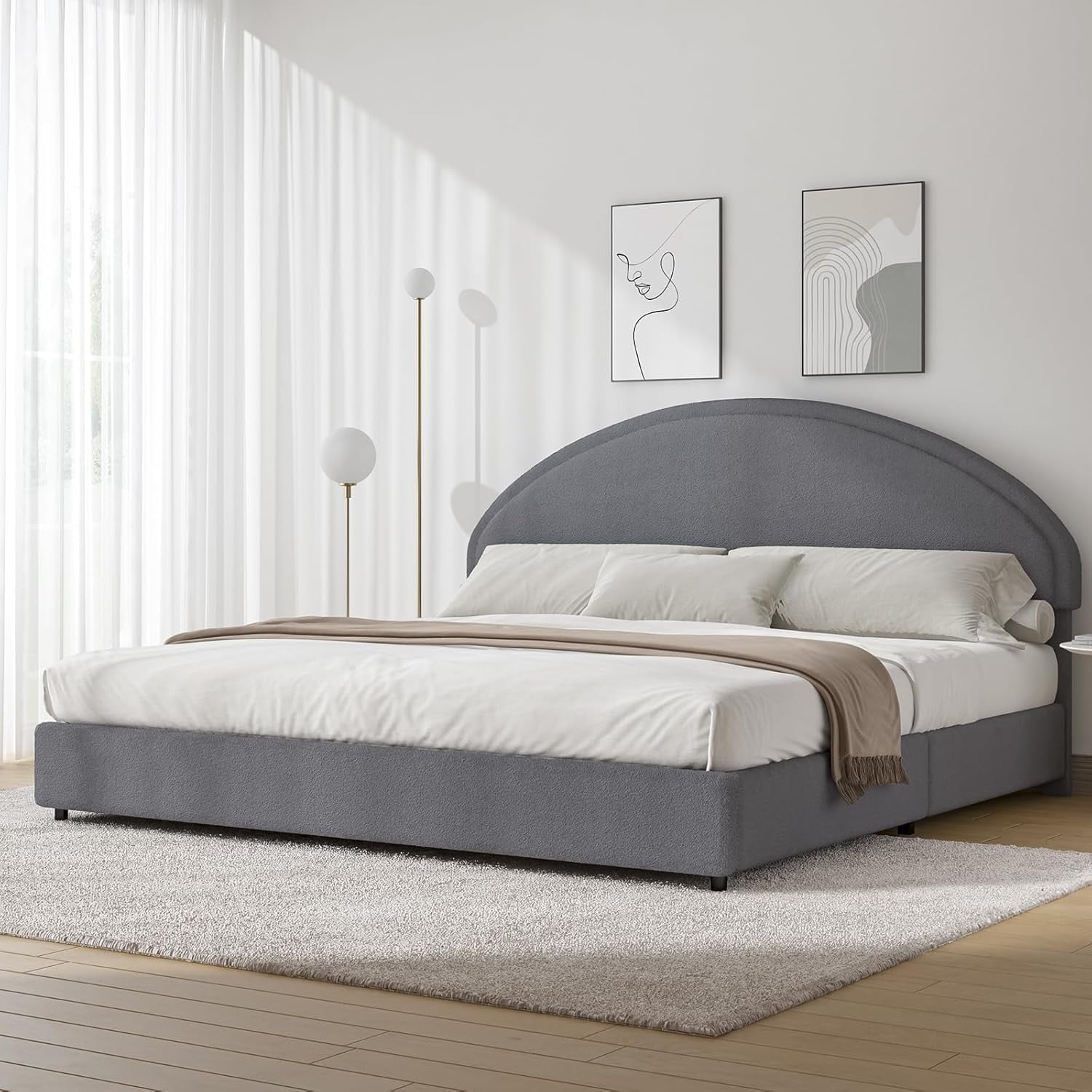 4 EVER WINNER King Size Bed Frame, Boucle Upholstered Bed Frame with Headboard, Gray King Bed Frame, Gray
