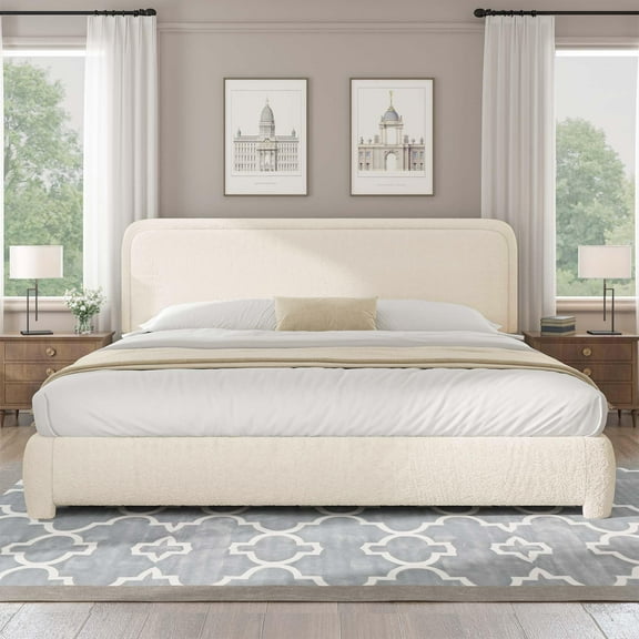 4 EVER WINNER King Size Bed Frame, Boucle Upholstered Bed Frame with Headboard, No Box Spring Required, Easy Assembly, Cream