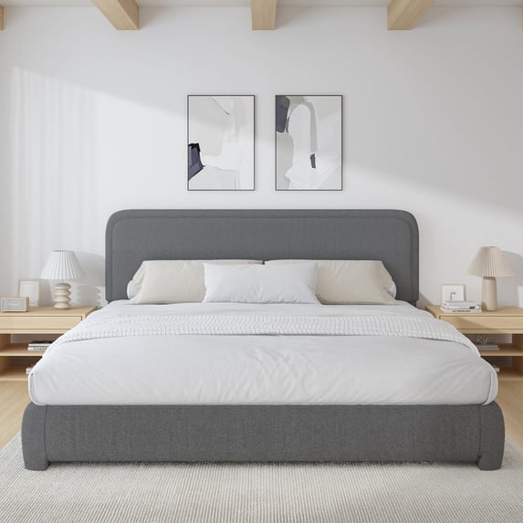 4 EVER WINNER King Size Bed Frame, Boucle Upholstered Bed Frame with Headboard, No Box Spring Required, Easy Assembly, Dark Gray